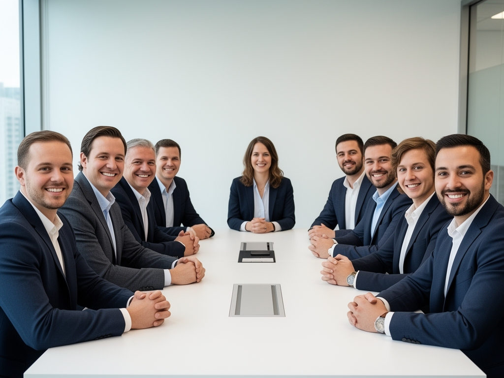 Команда редакции и преподаватели Lentavix за большим общим рабочим столом в светлом офисе в Атланте, дружеская рабочая атмосфера