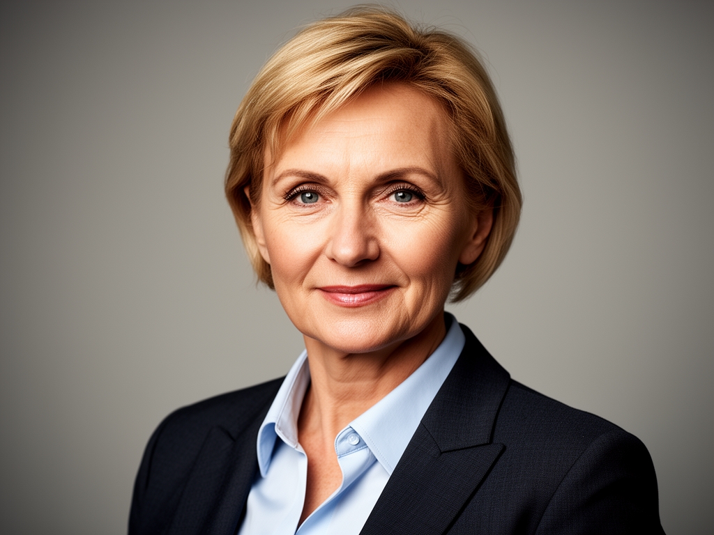 Портрет журналиста Мэрион Селлерс, женщина средних лет с короткими волосами, профессиональный снимок на нейтральном фоне