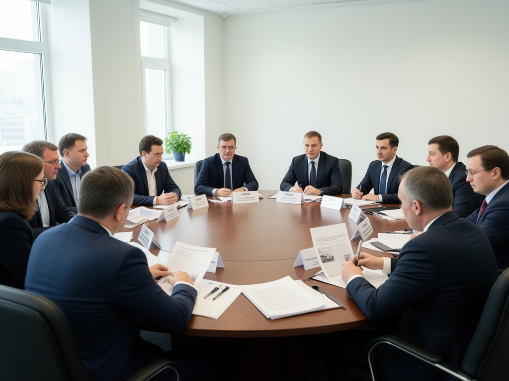 Круглый стол редакционного совета, несколько журналистов обсуждают материалы, светлый конференц-зал