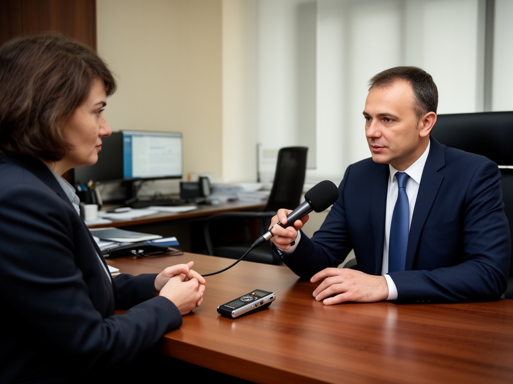 Журналист берёт интервью у человека в офисе, диктофон на столе, доверительная обстановка