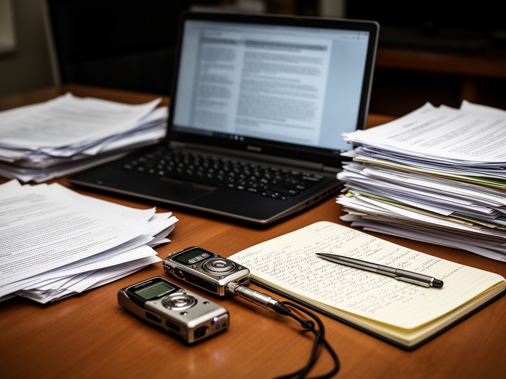 Детали рабочего стола журналиста-расследователя: ноутбук, стопки документов, диктофон, блокнот с заметками