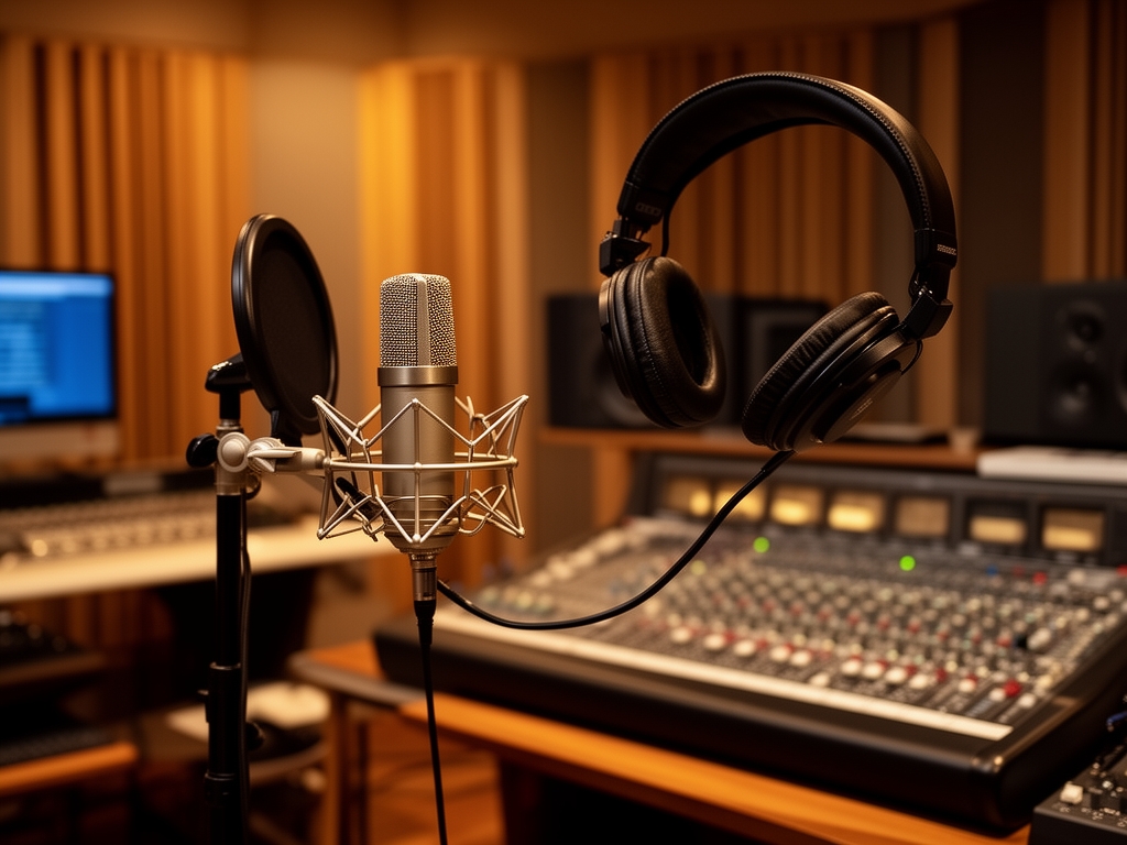 Профессиональная звукозаписывающая студия с микрофоном, наушниками и звуковым оборудованием, тёплое освещение