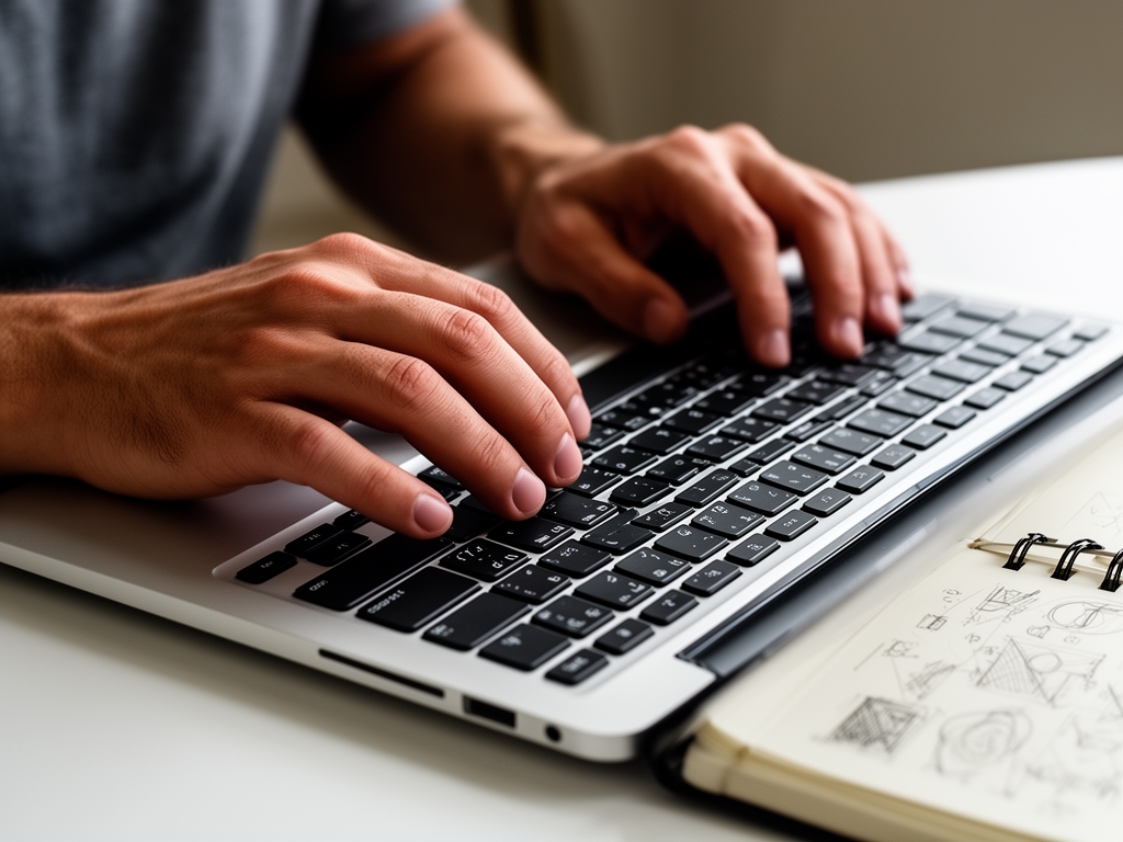 Крупный план рук, пишущих на механической клавиатуре ноутбука, рядом открытый блокнот с набросками