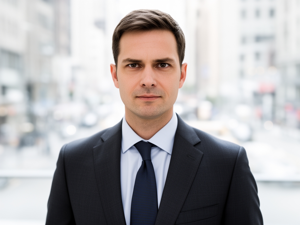 Профессиональный портрет мужчины, репортёр-расследователь, строгий взгляд, фон с размытой городской улицей