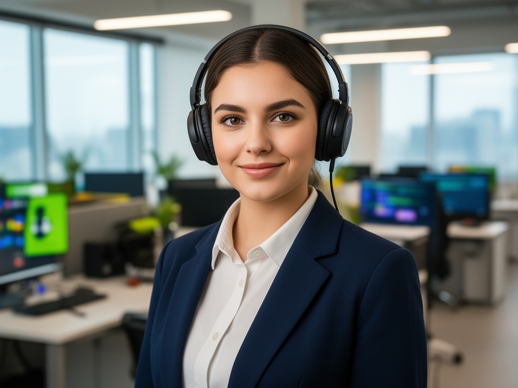 Профессиональный портрет молодой женщины, специалист по цифровым медиа, в наушниках, яркий современный офис