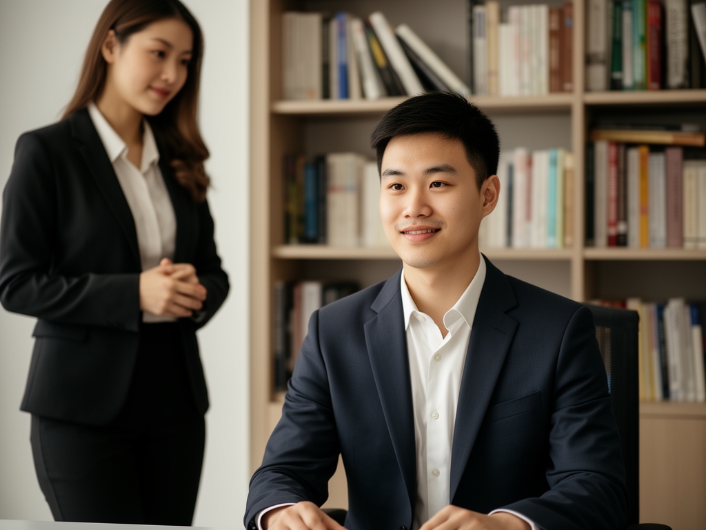 Портрет Линды Чэнь, редактора по медиаэтике, женщина в деловой обстановке, книги на фоне