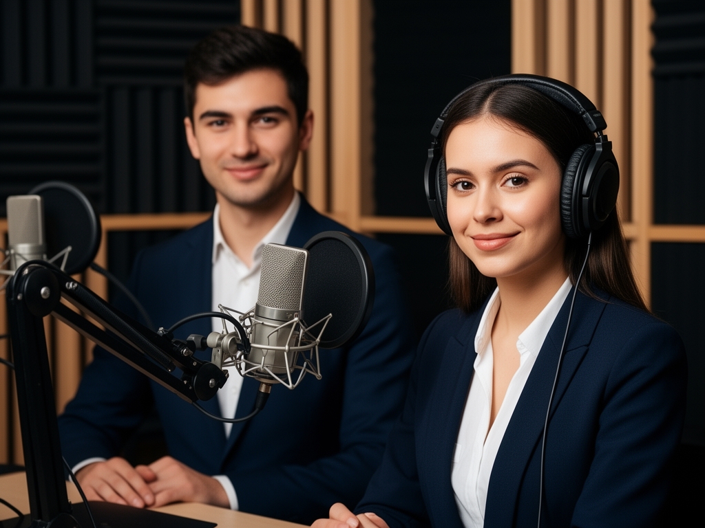 Портрет Софии Варгас, продюсера подкастов, молодая женщина в наушниках за микрофоном в звукозаписывающей студии