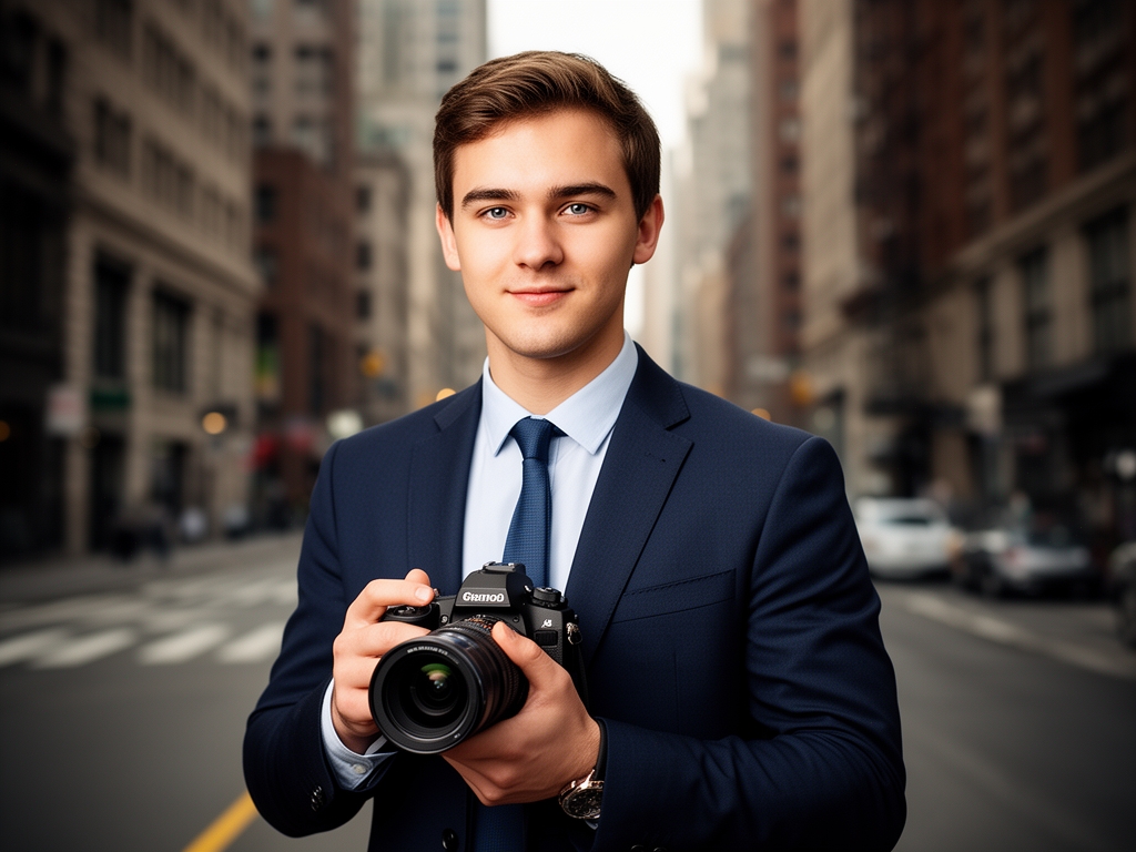 Портрет Томаса Бреннана, фоторедактора и фотожурналиста, мужчина с фотоаппаратом на фоне городской улицы