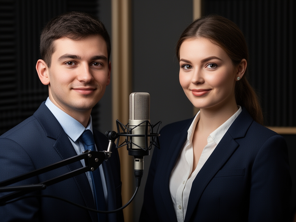 Портрет Дианы Рид, автора подкаста, молодая женщина в студии звукозаписи с микрофоном