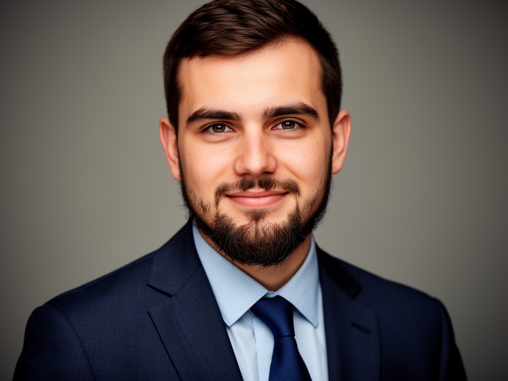 Портрет Майкла Гриффина, студента курса по журналистике, мужчина средних лет с короткой бородой